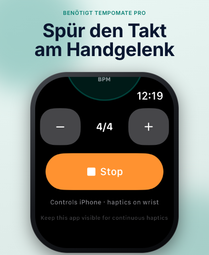 TempoMate: Metronom Apple Watch Metronom-Bildschirm mit BPM-Anzeige
