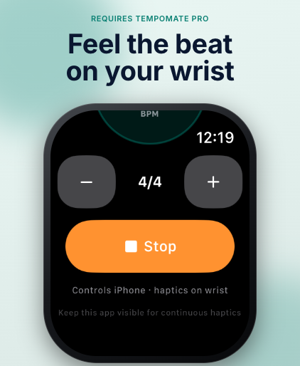 TempoMate: Metronome Apple Watch metronome screen showing BPM