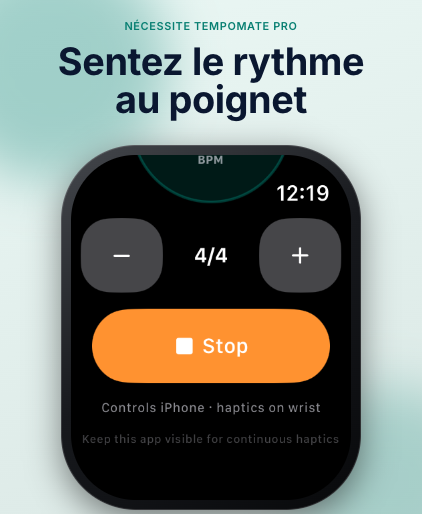 TempoMate : Métronome écran métronome Apple Watch affichant le BPM