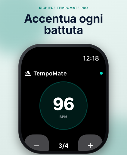 TempoMate: Metronomo controlli di riproduzione e battiti aptici al polso