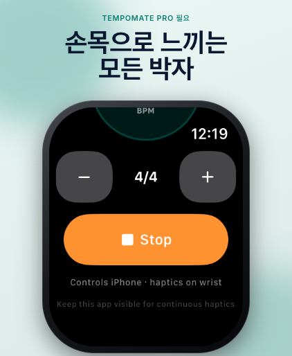 TempoMate: 메트로놈 Apple Watch 메트로놈 화면, BPM 표시