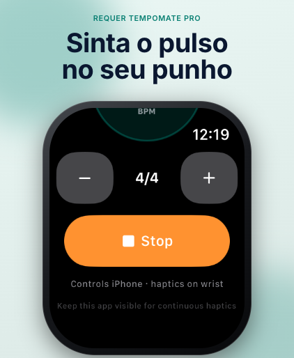 TempoMate: Metrônomo tela de metrônomo no Apple Watch com BPM
