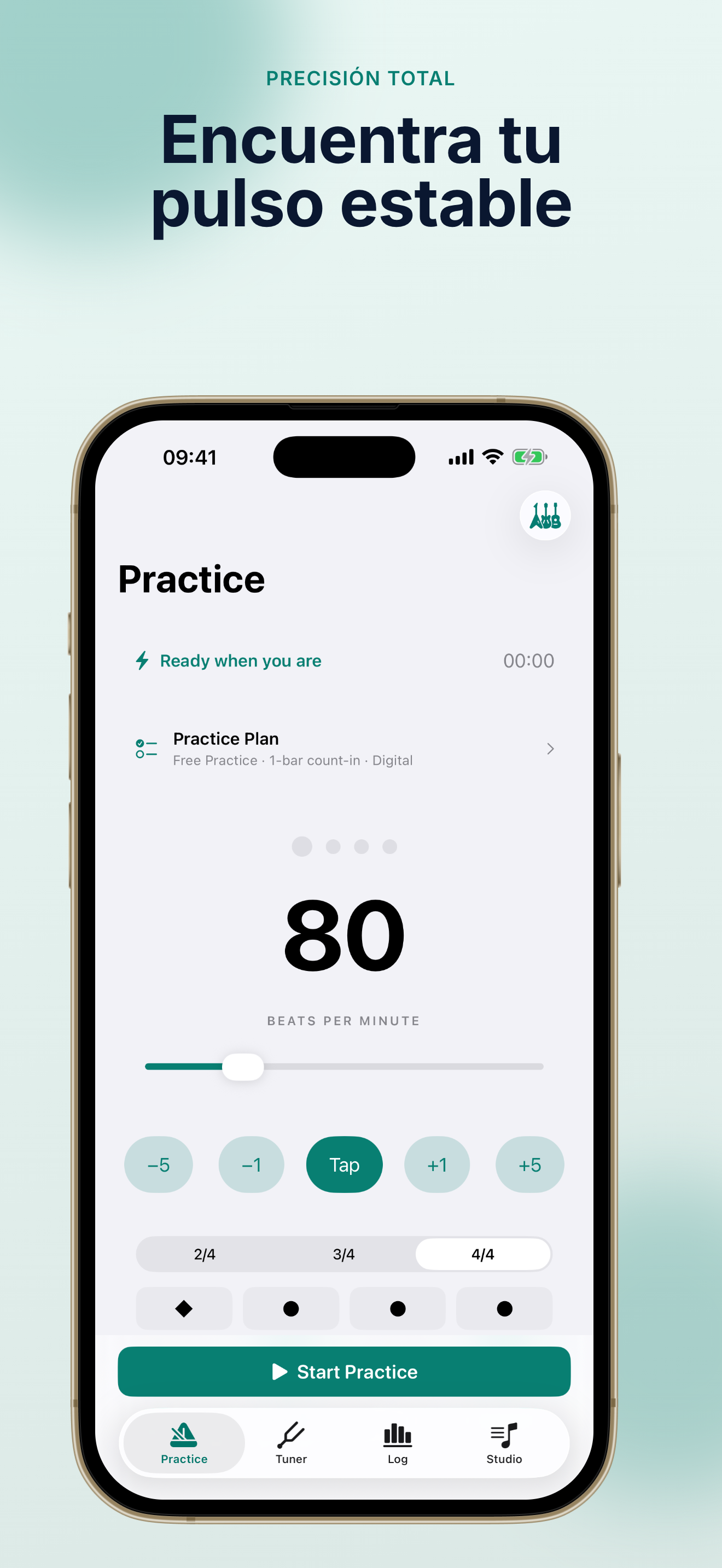 Pantalla principal de TempoMate: Metrónomo con controles de tempo