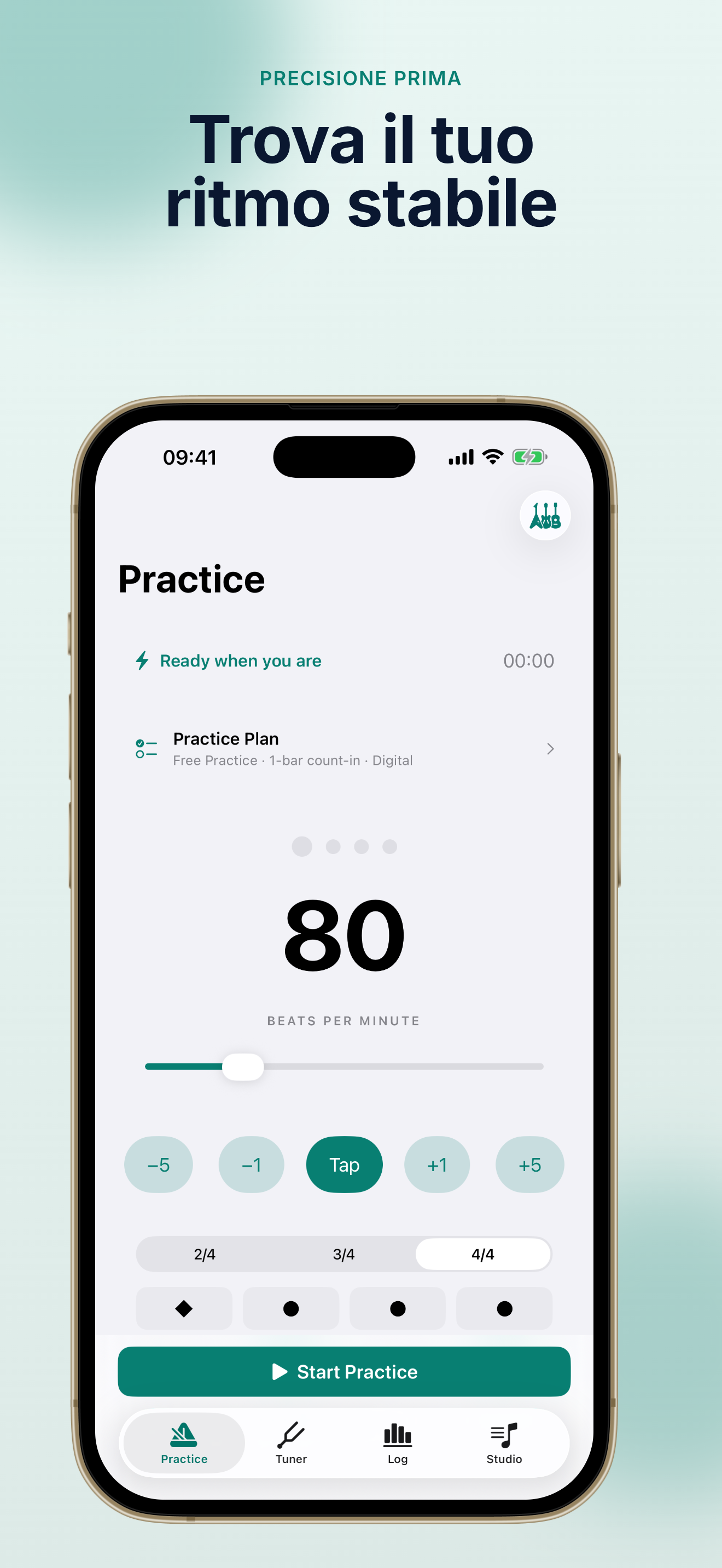 Schermata home TempoMate: Metronomo con controlli del tempo